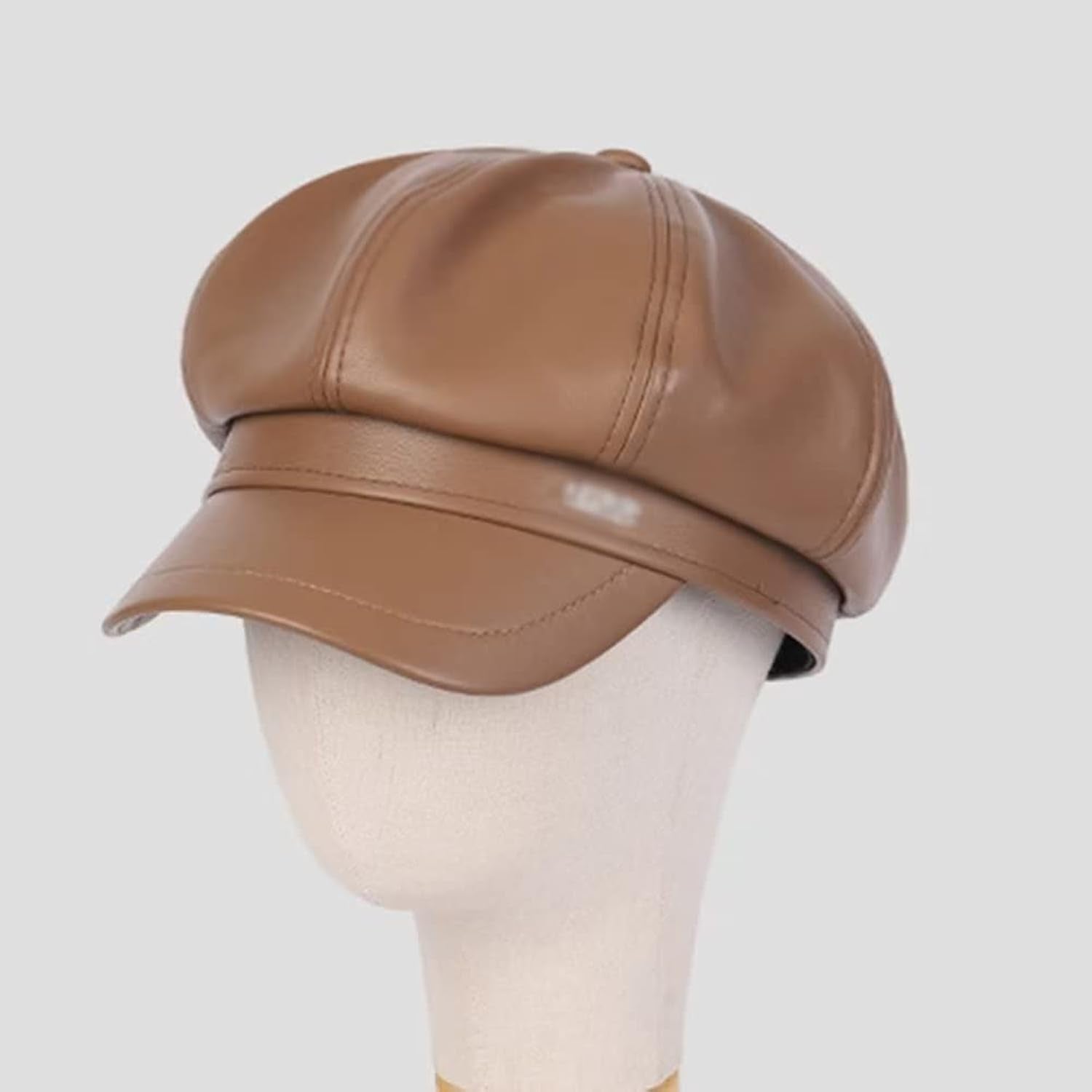 Unisex 8-Panel PU Leather Newsboy Cap – Beige