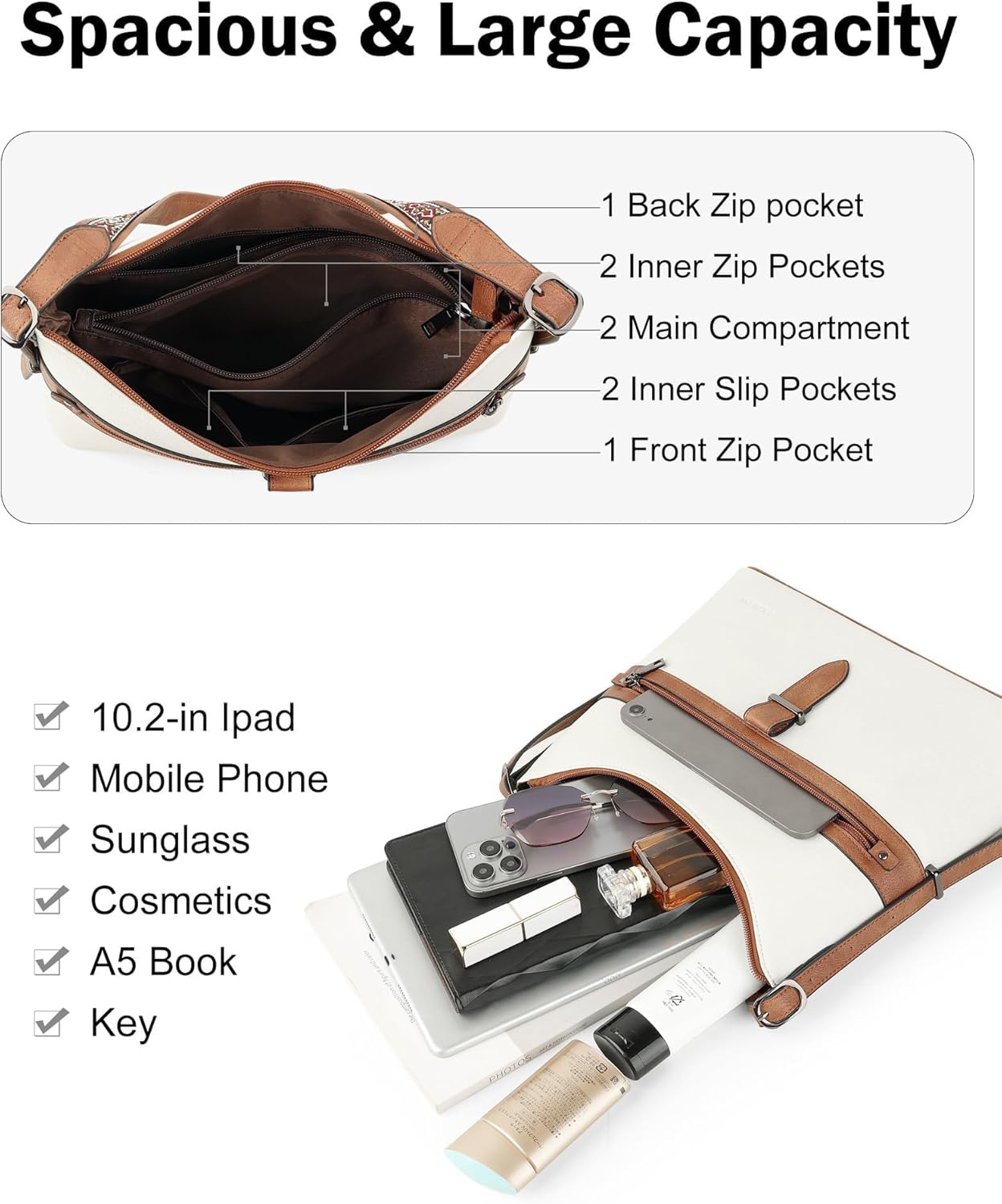 FADEON Vegan Leather Hobo Crossbody Bag for Women – White