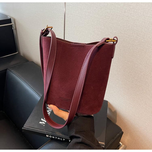 Burgundy Suede Bucket Shoulder Bag- De Lazzaro