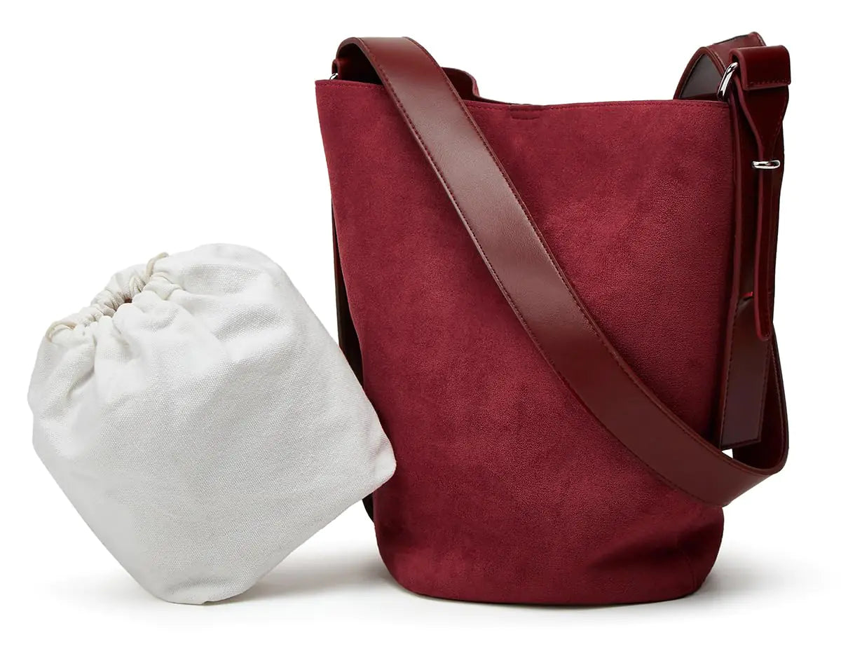 Burgundy Suede Bucket Shoulder Bag- De Lazzaro